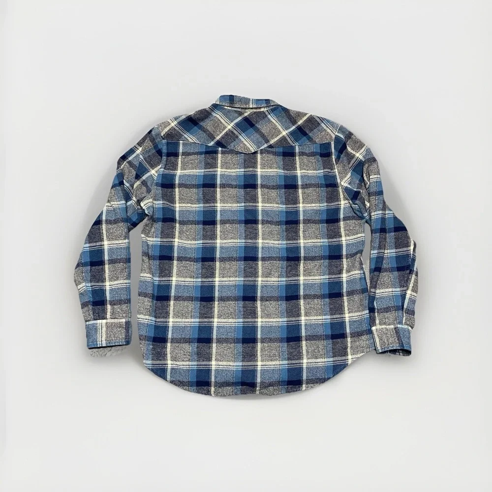 Lucky Brand Flannel Western‎ Pearl Snaps Shirt Blue Gray Plaid Mens Size XL